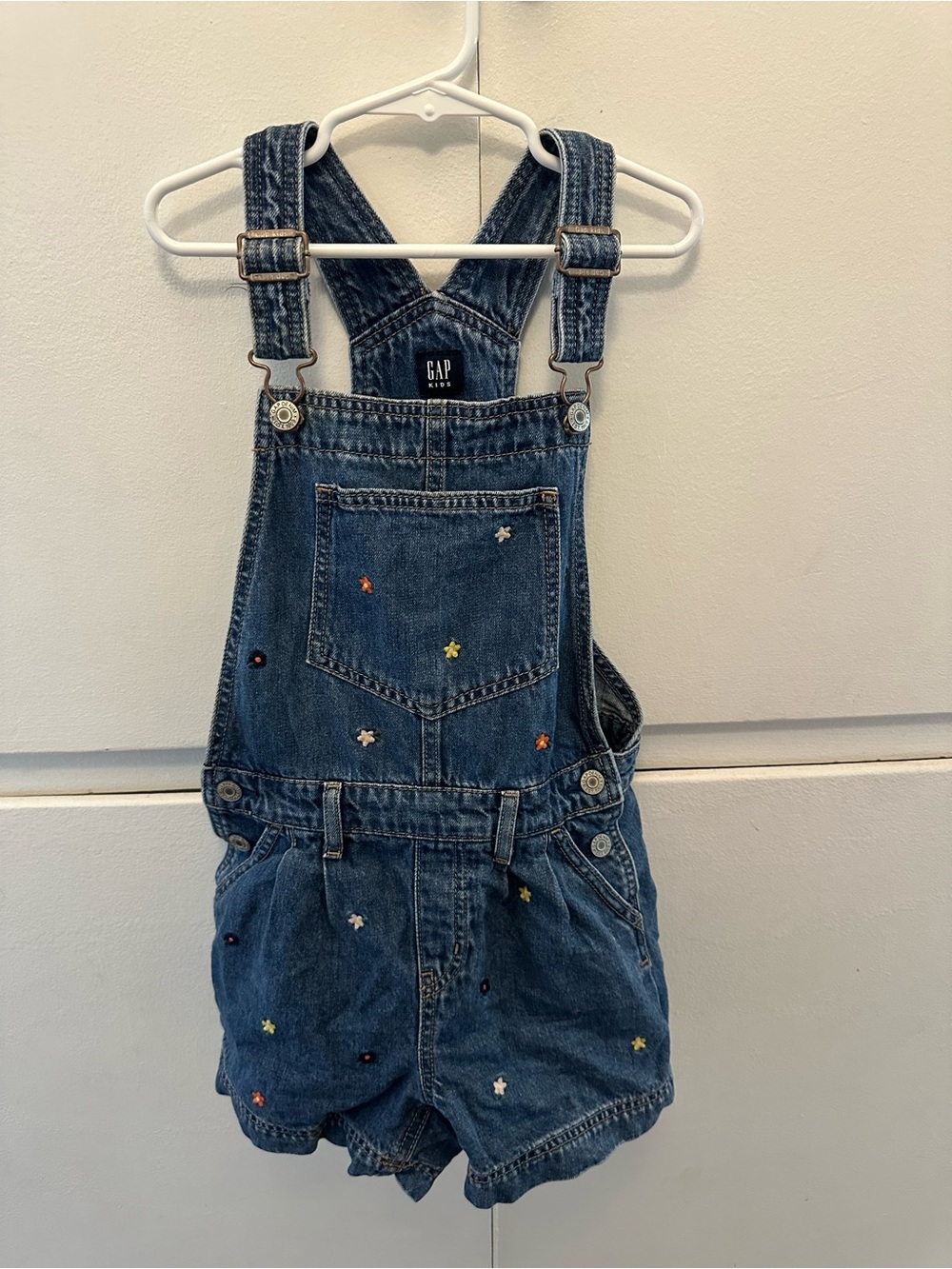 GAP Girls Denim Short Overalls in Dark Blue with Embroidered Flowers